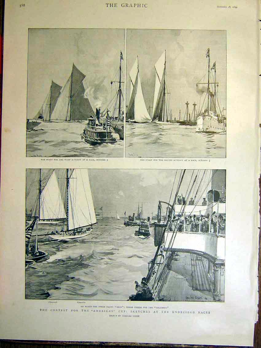 Original Old Antique Print America'S Cup Yacht Race Sketches Dixon Erin Columbia