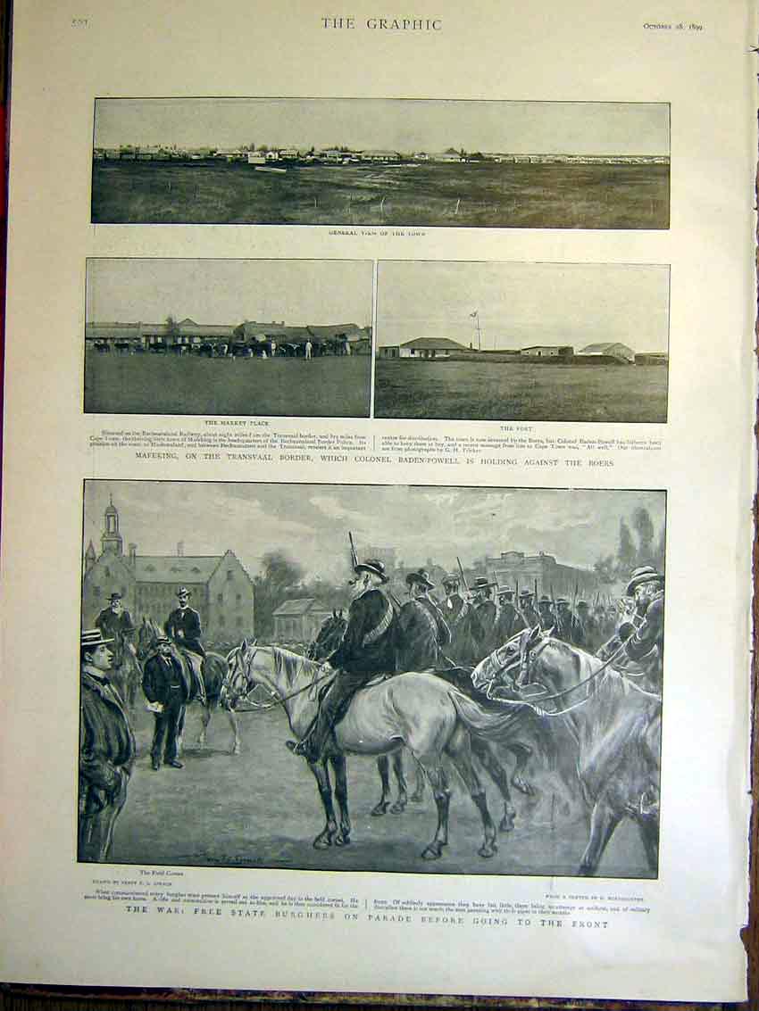 Original Old Antique Print Mafeking Baden-Powell Boer War Africa Burghers Parade
