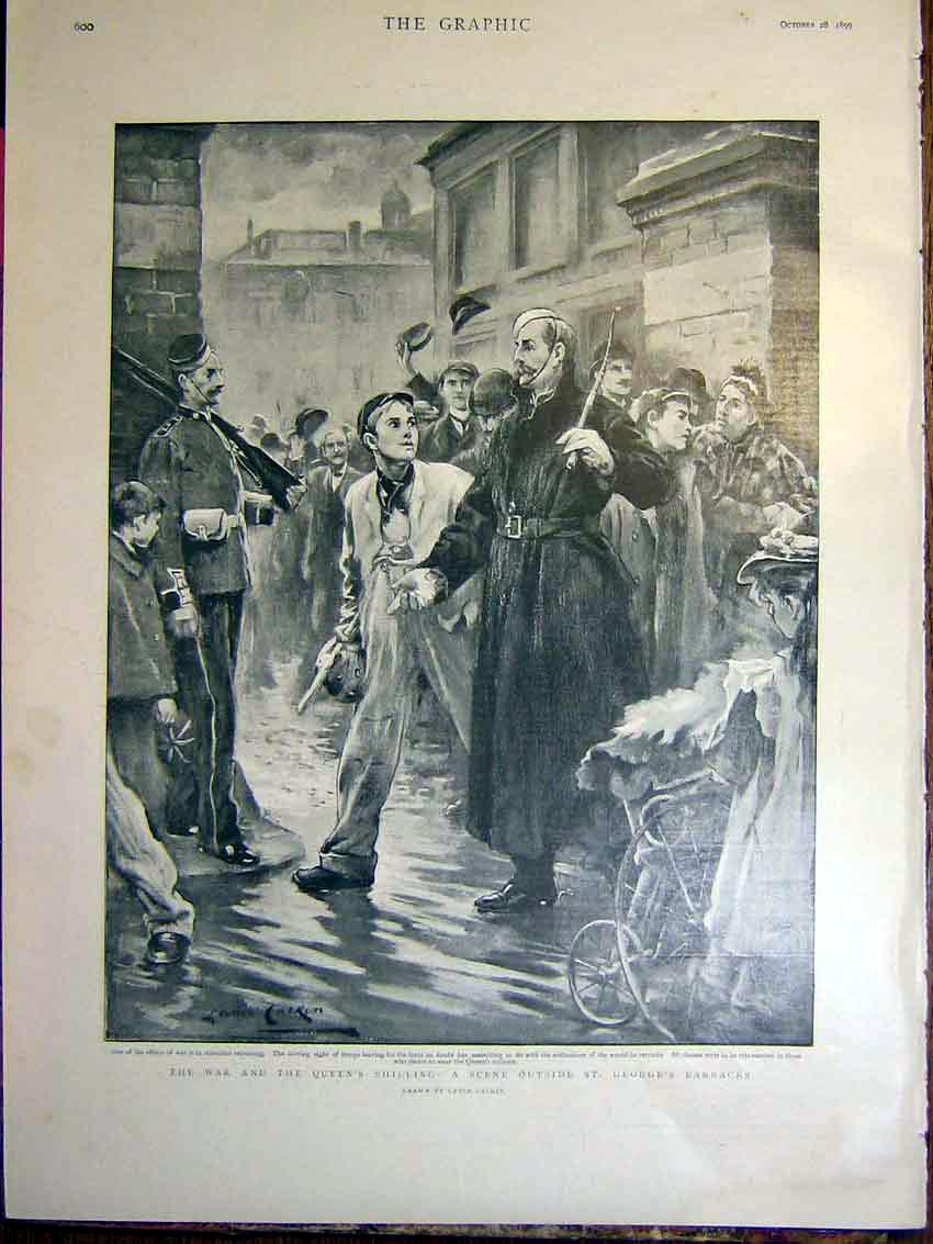 Antique Old Antique Print War Queen Shilling Scene St George'S Barracks Calkin 00MBB1