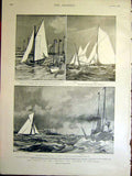 Original Old Antique Print America'S Yacht Race Sketches Dixon Shamrock Comubia