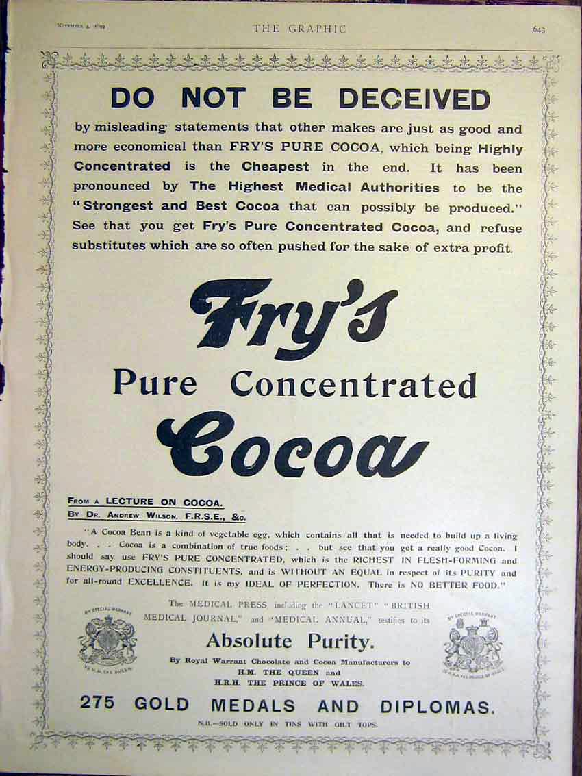 Original Old Antique Print Fry'S Cocoa Advert Advertisement GMedal 1899 19th