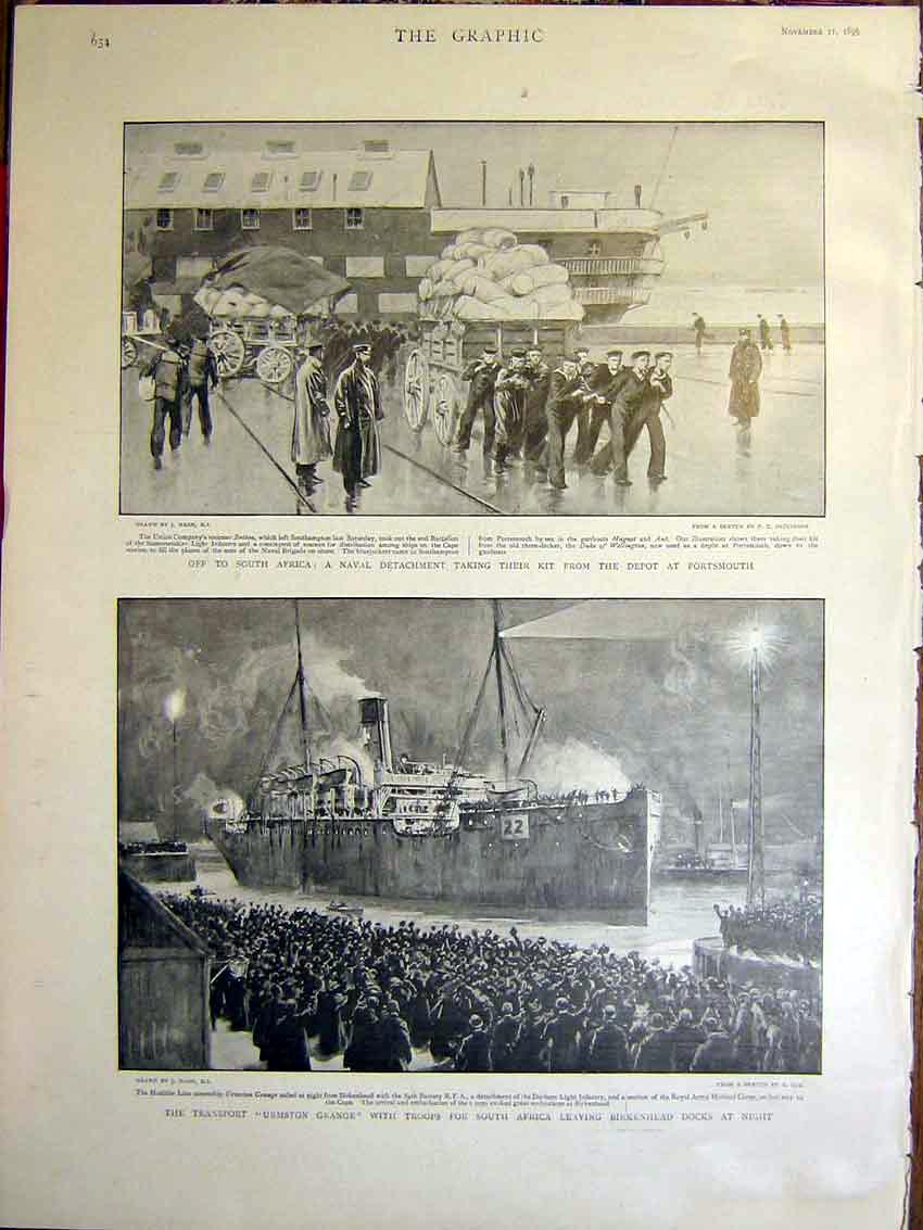 Original Old Antique Print Naval Detachment Portsmouth Nash Urmston Grange 1899