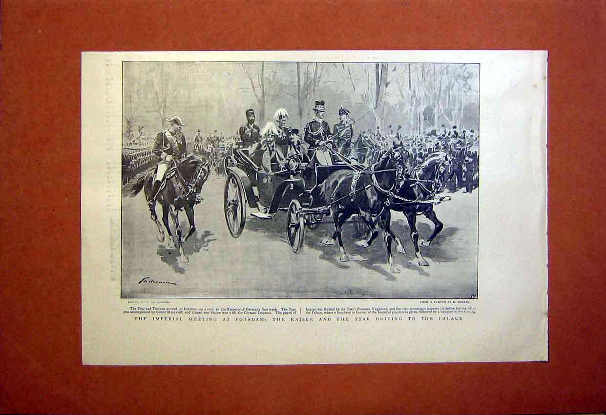 Original Old Antique Print Imperial Meeting Potsdam Kaiser Tsar Palace 1899