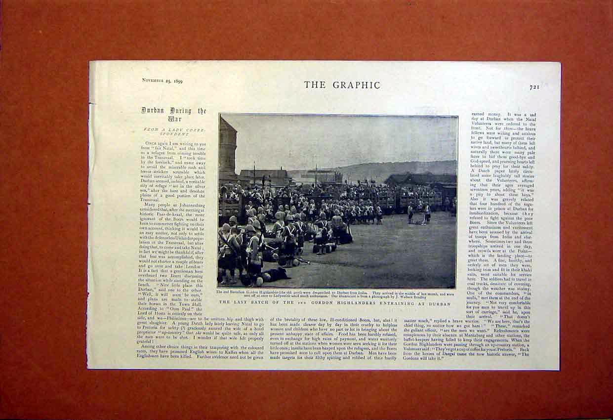 Original Old Antique Print Gordon Highlands Durban Africa Boer War 1899 19th