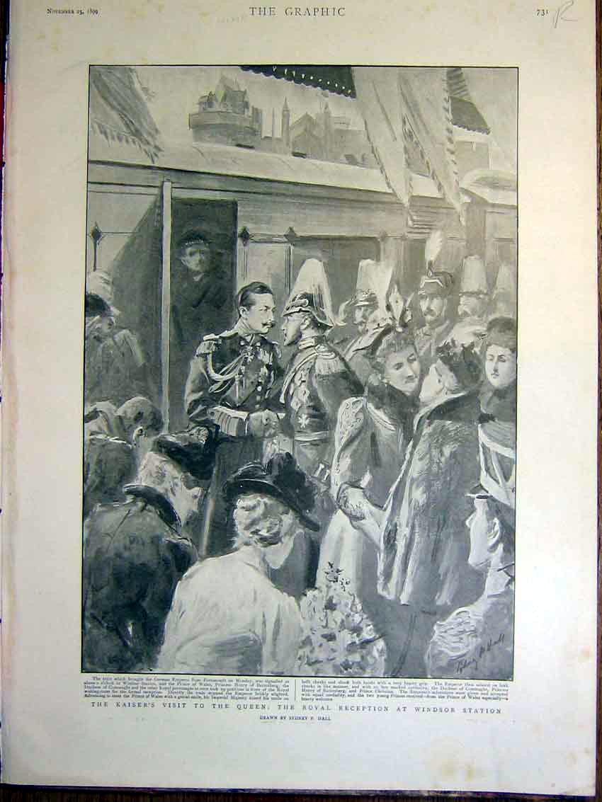 Old Antique Print Kaiser Queen Royal Windsor Station German Emperor Child