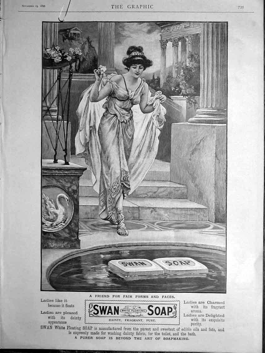 Original Old Antique Print Swan Soap White Floating Advert Advertisement 1899