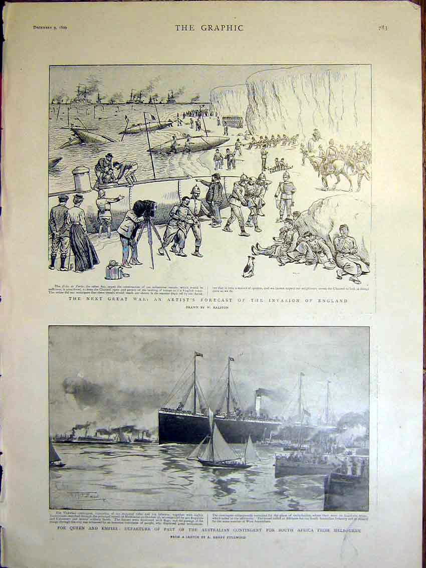 Original Old Antique Print Ralston Skethes War Melbourne Australian Contingent