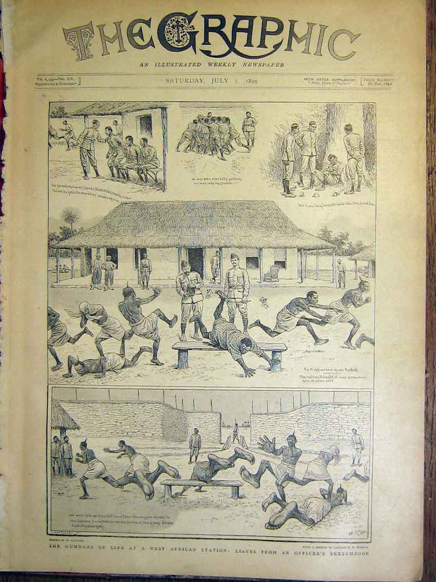 Original Old Antique Print West African Station Officers Sketches Africa 1899