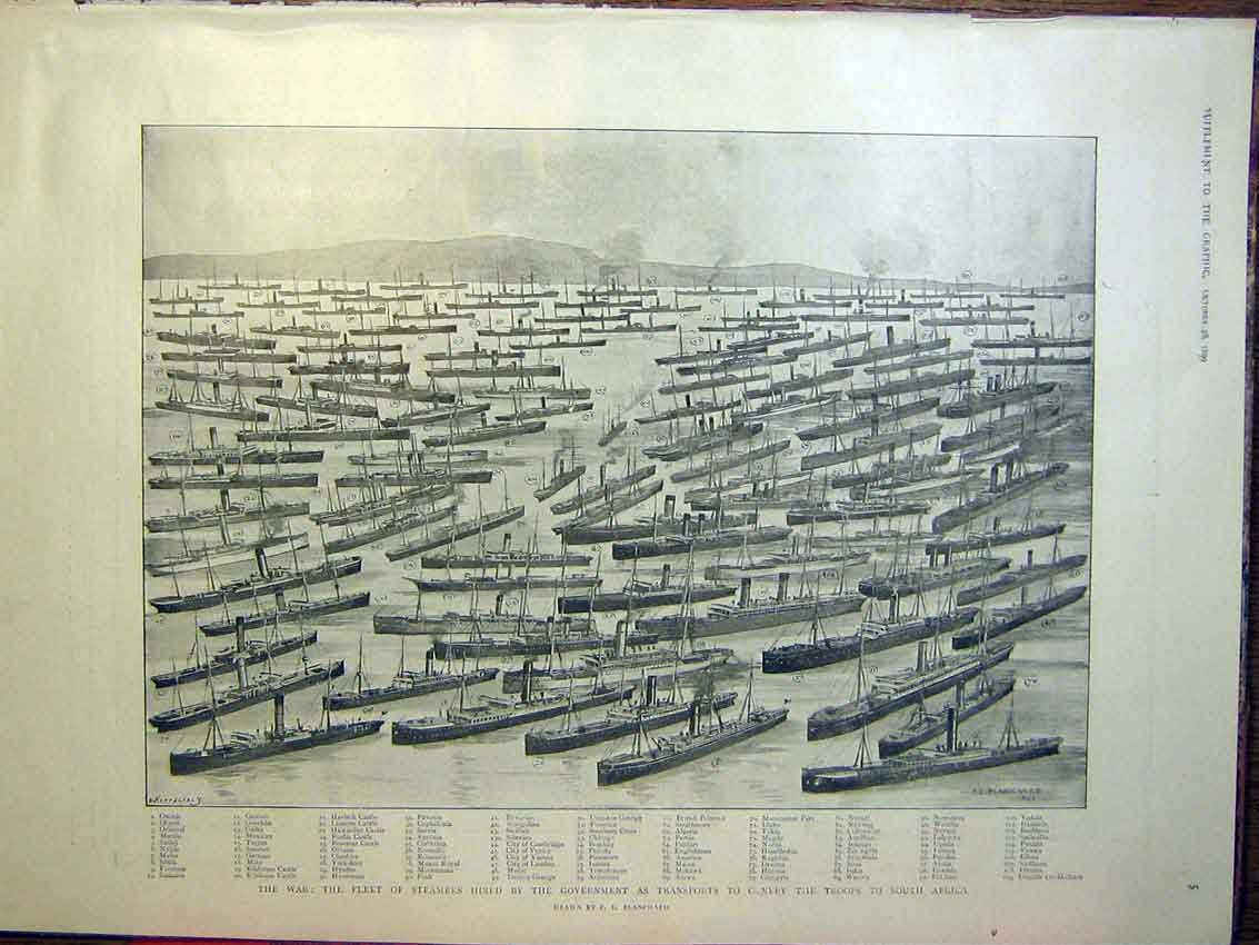 Original Old Antique Print War Fleet Steamers Transports Troops Africa 1899 19th