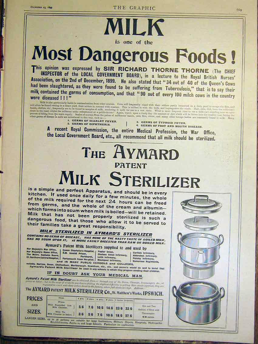 Original Old Antique Print Aymard Milk Sterilizer Patent Food Advert 1899 19th