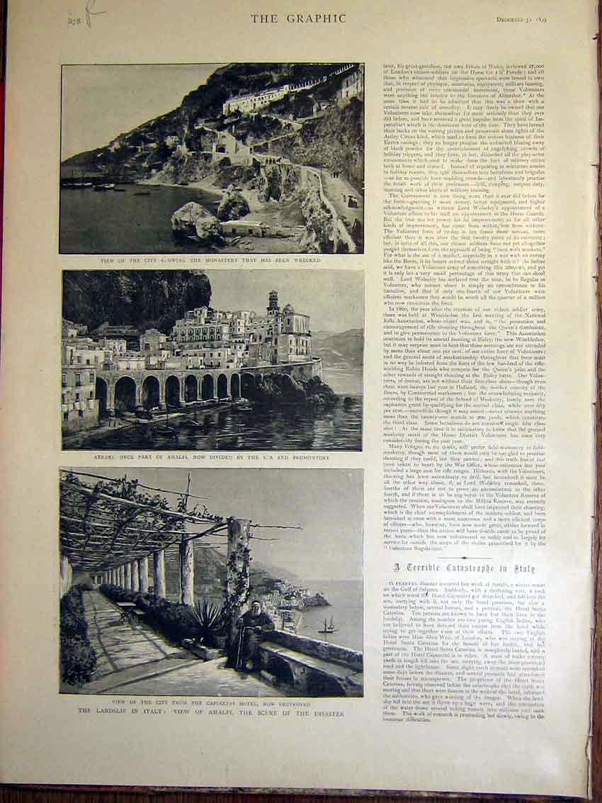 Original Old Antique Print Landslip Italy Amalfi Denbigh Volunteers Paget 1899