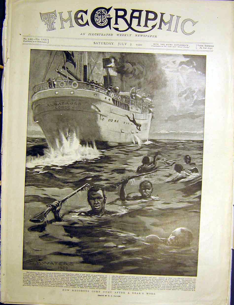 Original Old Antique Print Krooboys Waters Ship Albatross London 1900 Victorian