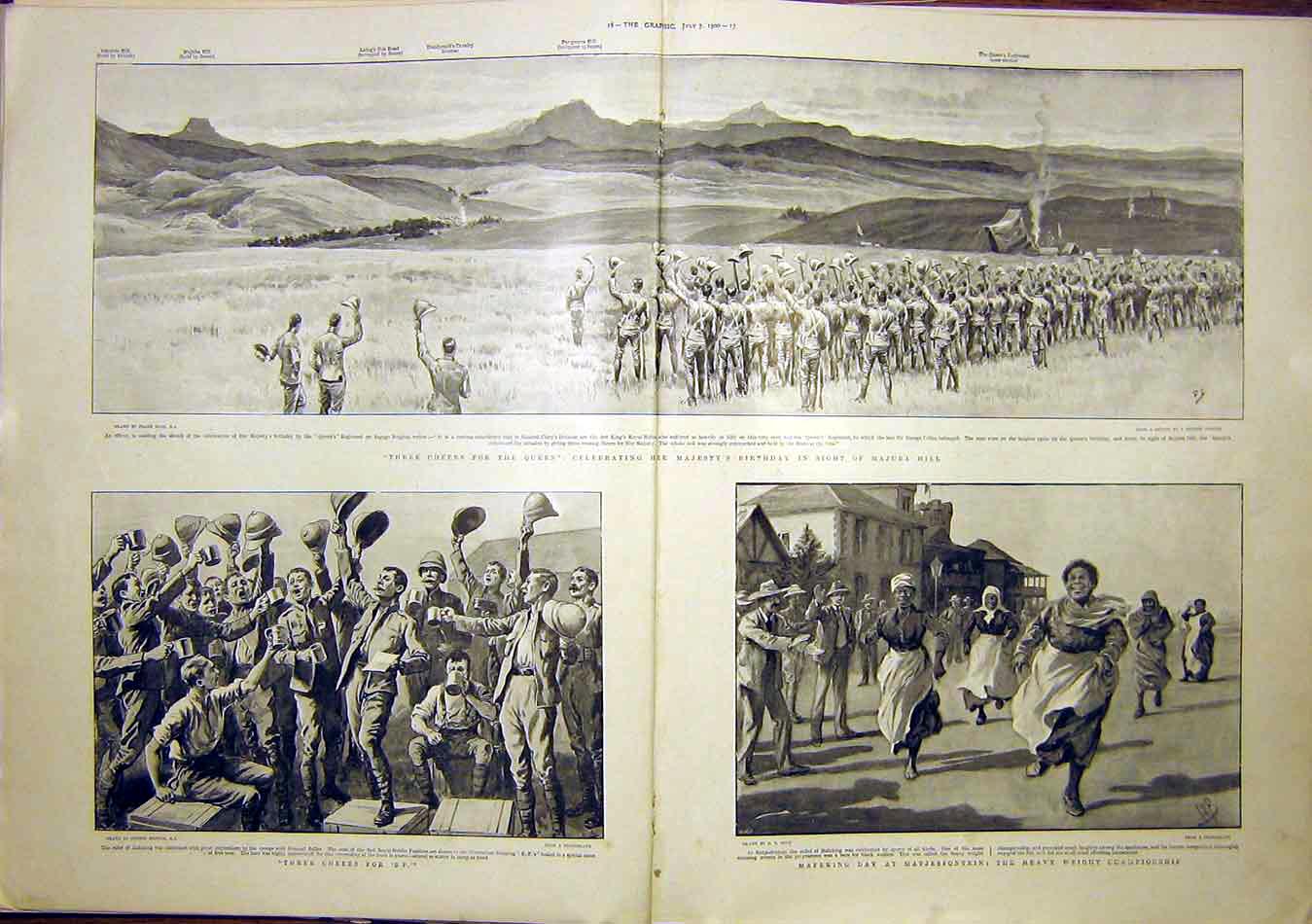 Original Old Antique Print Majuba Hill Sier War Africa Queen Birthday 1900 20th
