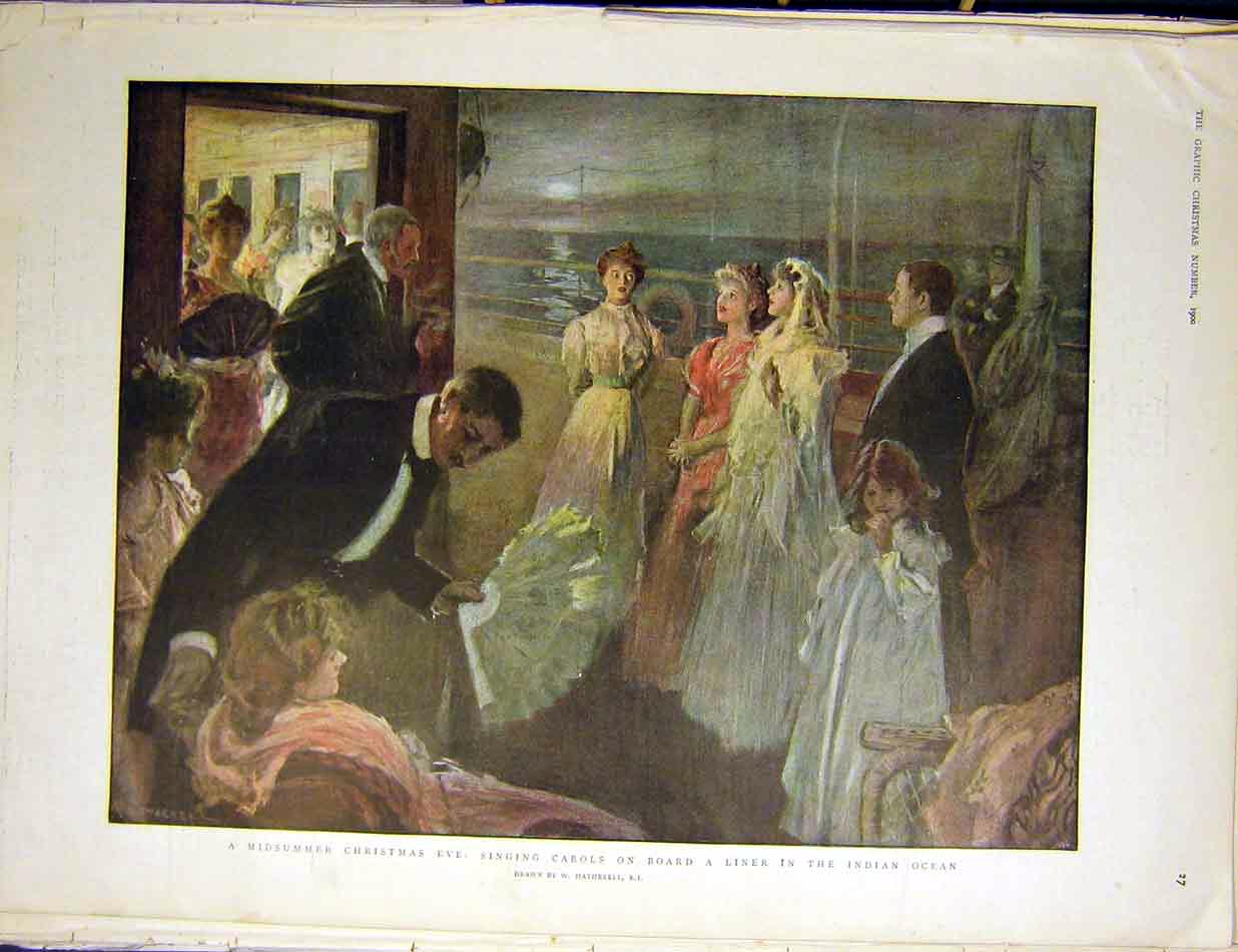 Original Old Antique Print Midsummer Christmas Carols Indian Ocean Liner 1900