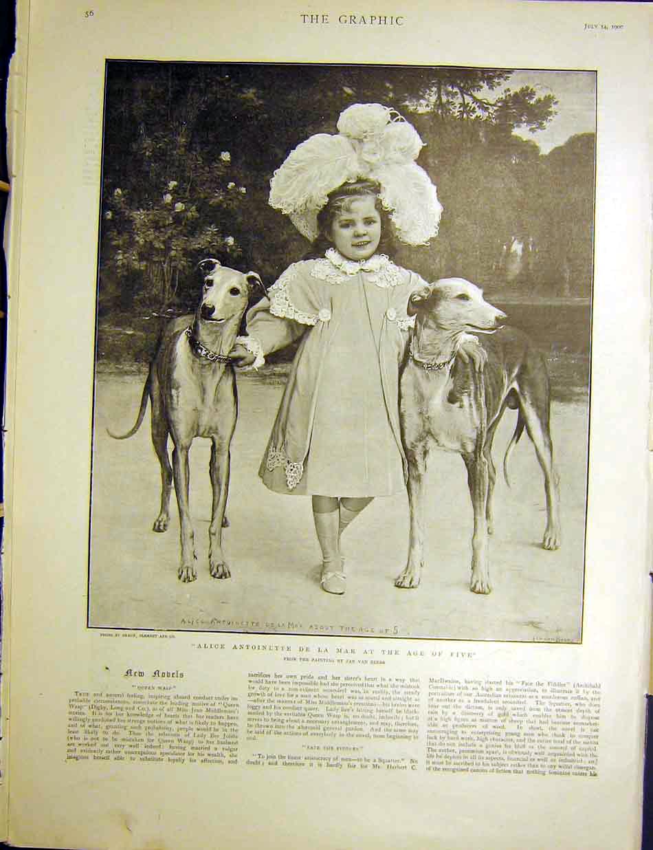 Original Old Antique Print Alice De La Mar Girl Dogs Child Portrait Beers 1900