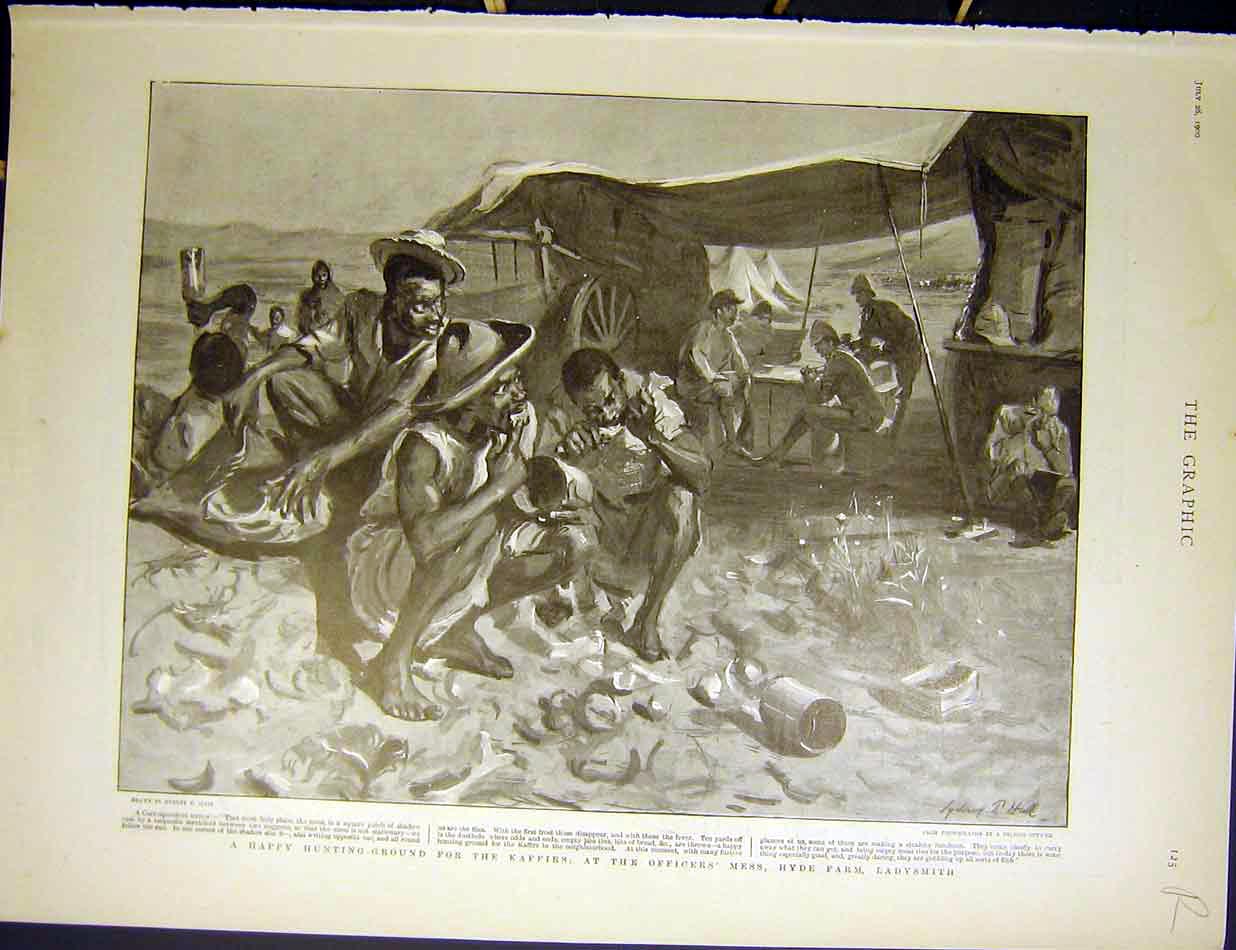 Original Old Antique Print Officer Mess Kaffirs Ladysmith Africa Boer War 1900