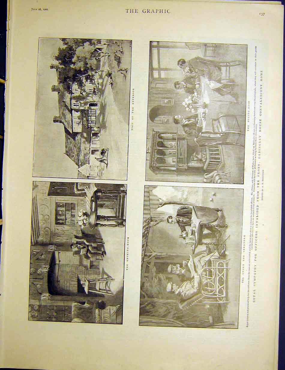 Original Old Antique Print Royal Sympathy Officers Babingley House Convalescent