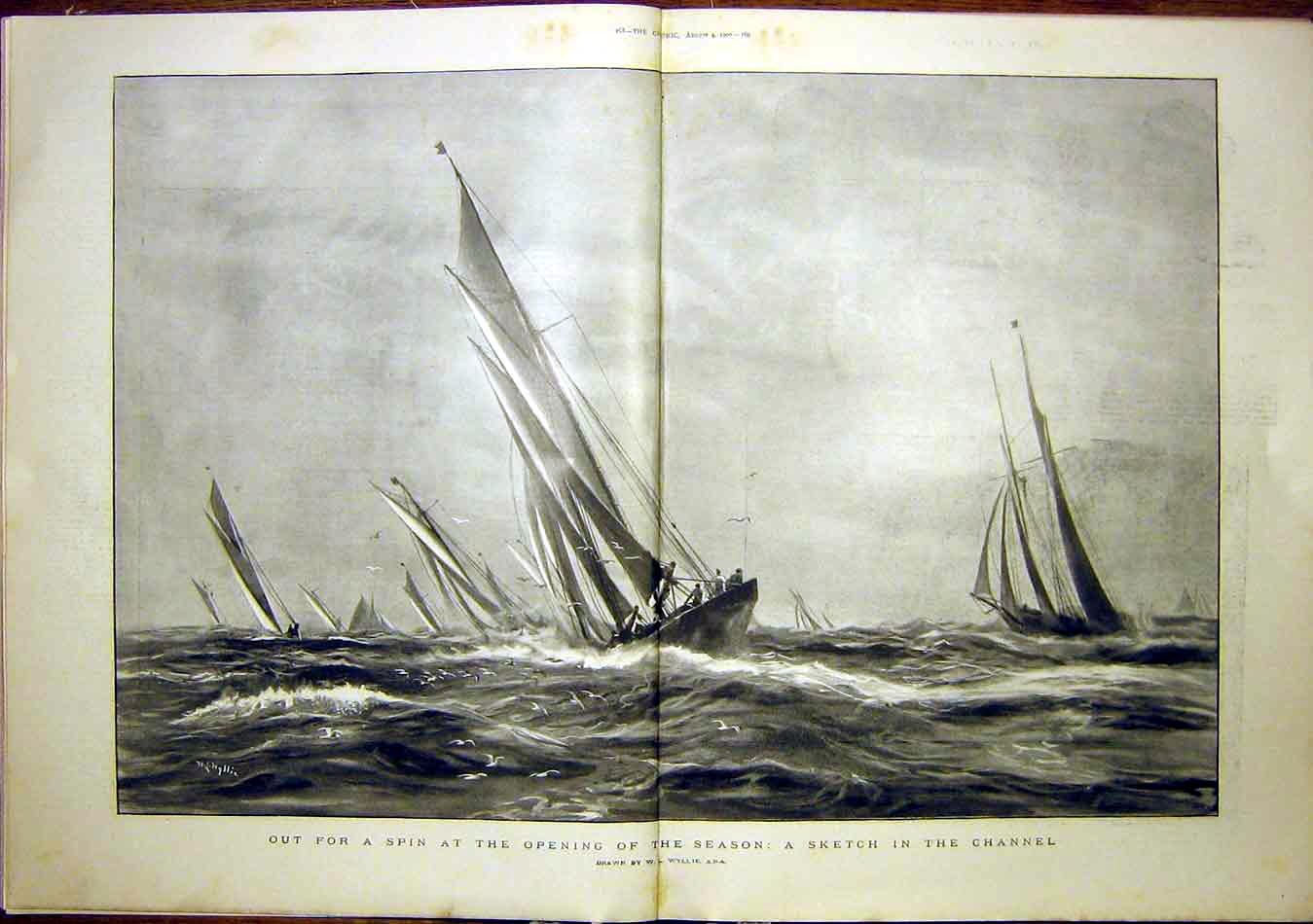 Original Old Antique Print Channel Ship Race Sea Yacht Wyllie 1900 Victorian