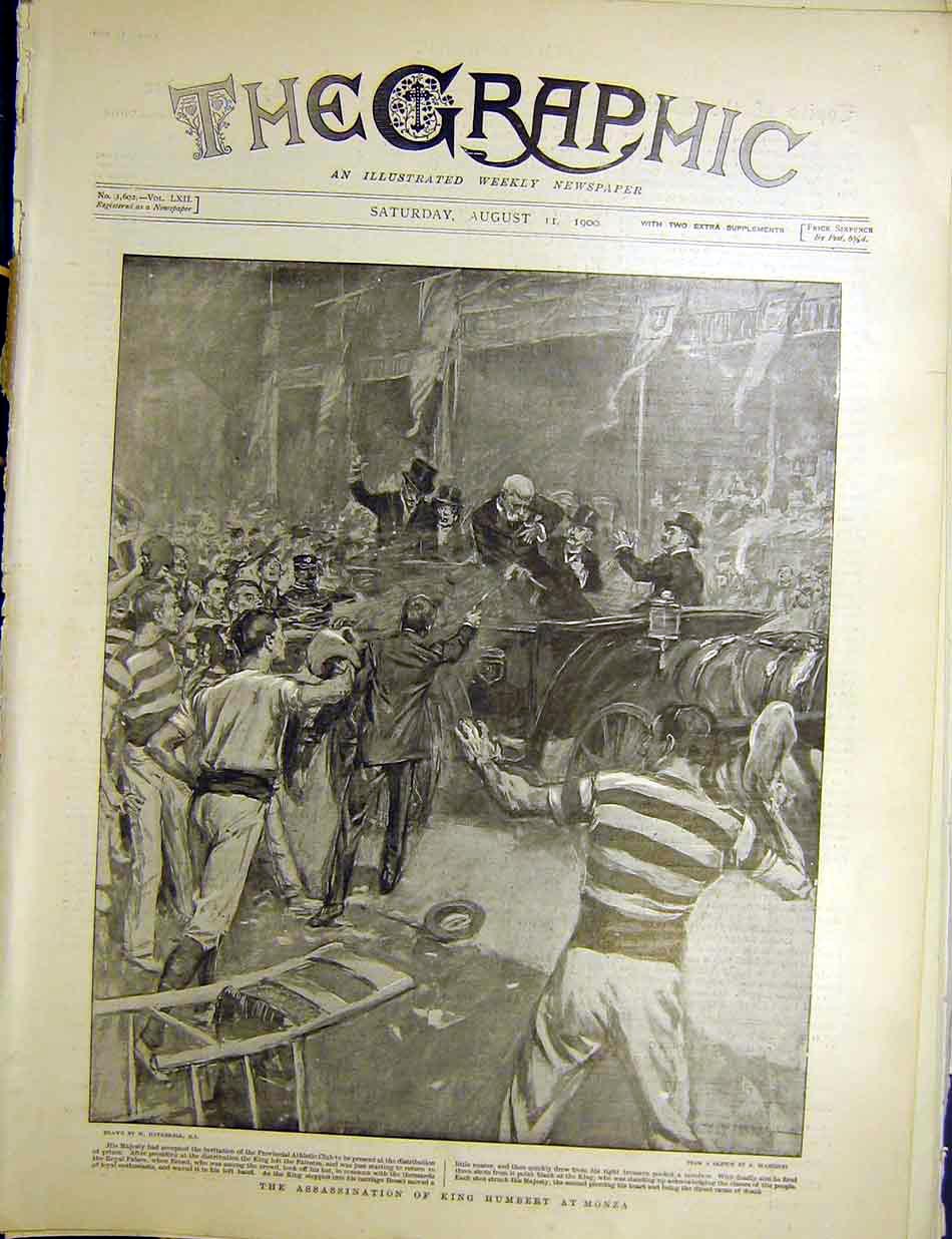 Original Old Antique Print Assasination King Humbert Monza Hatherell 1900 20th