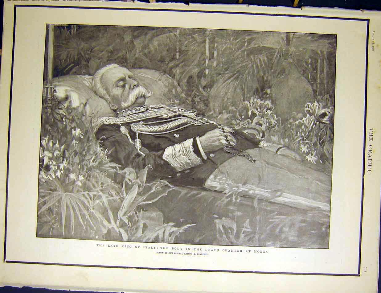 Original Old Antique Print King Italy Death Chamber Monza Bianchini 1900 20th