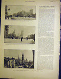 Original Old Antique Print Westminster Abbey Hall Parliament London Trees 1900