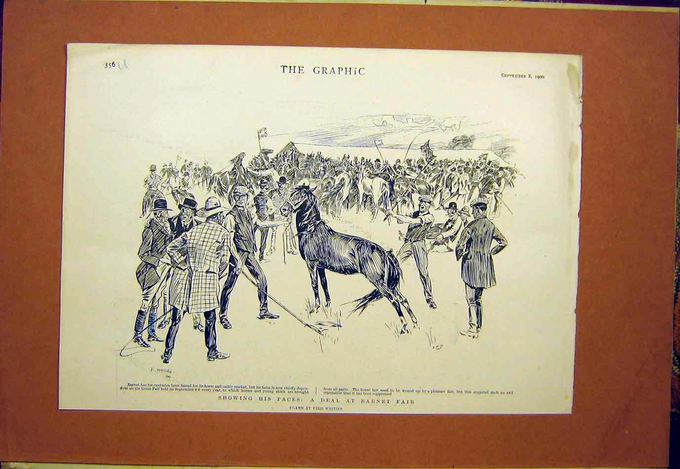 Original Old Antique Print Horse Fair Barnet Market Whiting 1900 20th