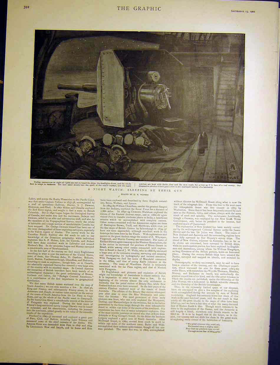 Original Old Antique Print Night Watch Gun Manoeuvres Crew Ship 1900 Victorian
