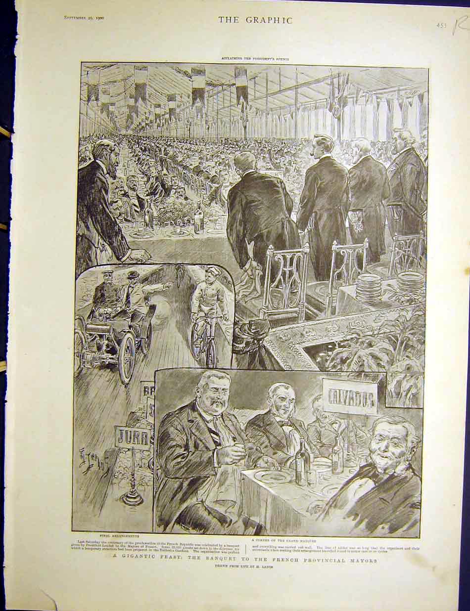 Old Antique Print Banquet French Mayor Lanos Army Manoeuvres Neron 1900 20th