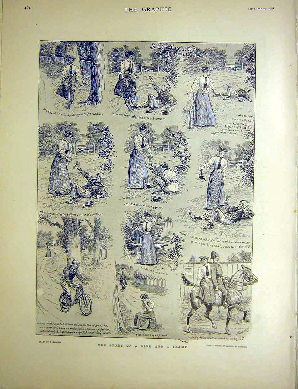 Original Old Antique Print Story Sketches Ride Tramp Lady Ralston 1900 Victorian