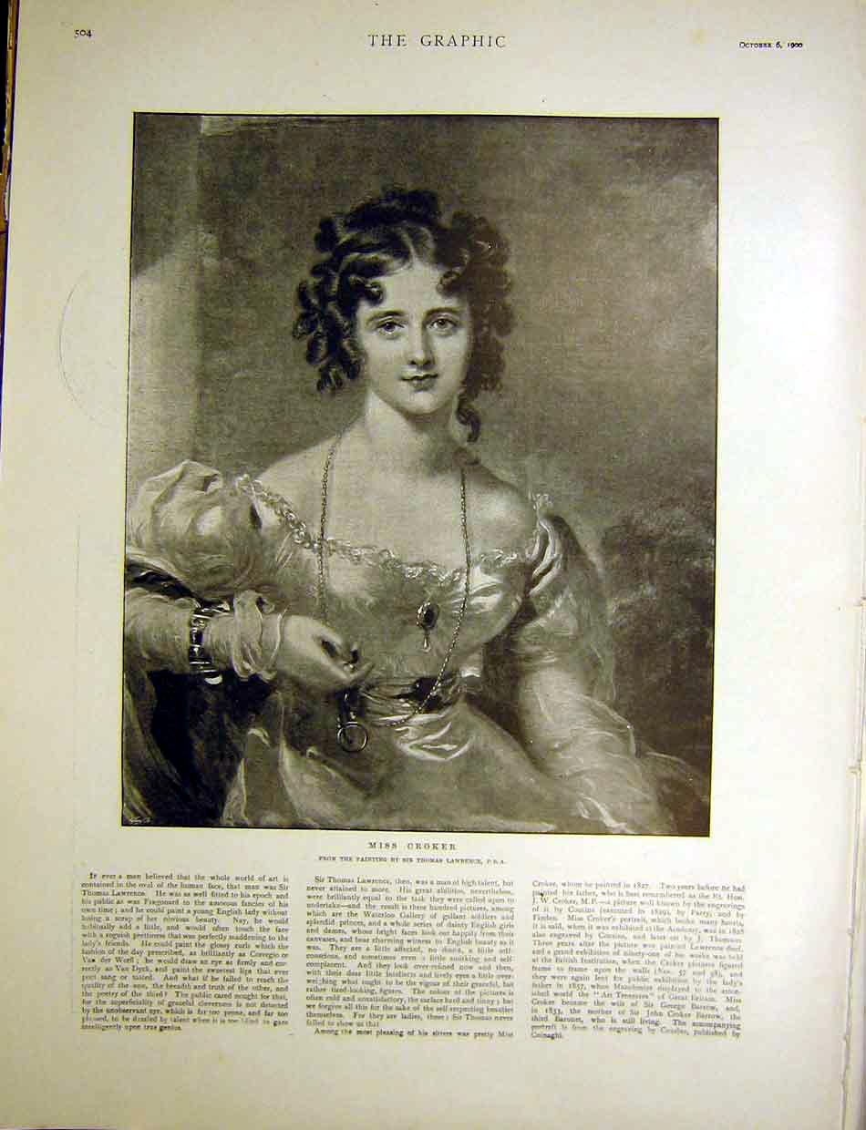 Original Old Antique Print Miss Croker Portrait Lawrence Fine Art 1900 Lady 20th