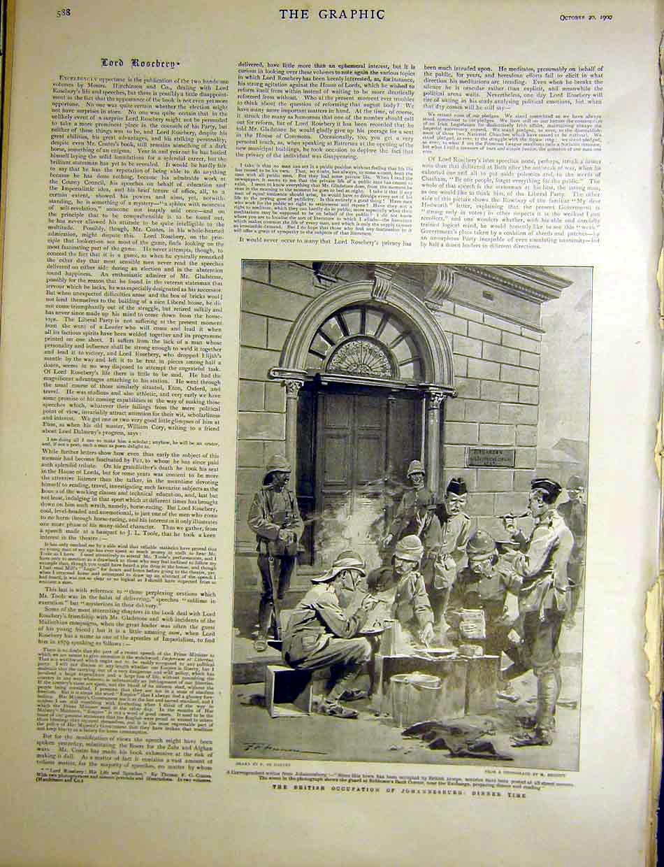 Original Old Antique Print British Occupation Johannesburg Dinner Africa 1900