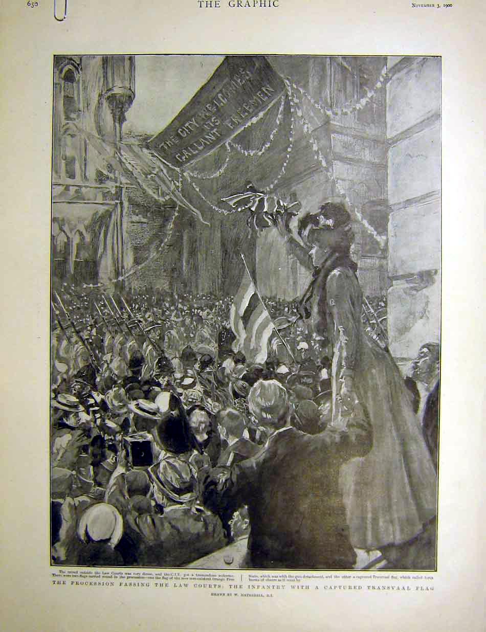 Original Old Antique Print Procession Law Courts Transvaal Flag Aurania 1900