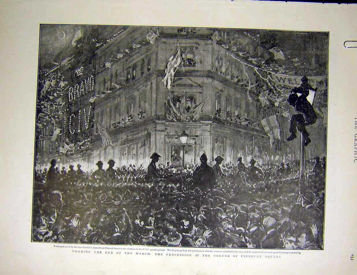 Original Old Antique Print Finsbury Square Procession Cyclist Hyde Park Corner
