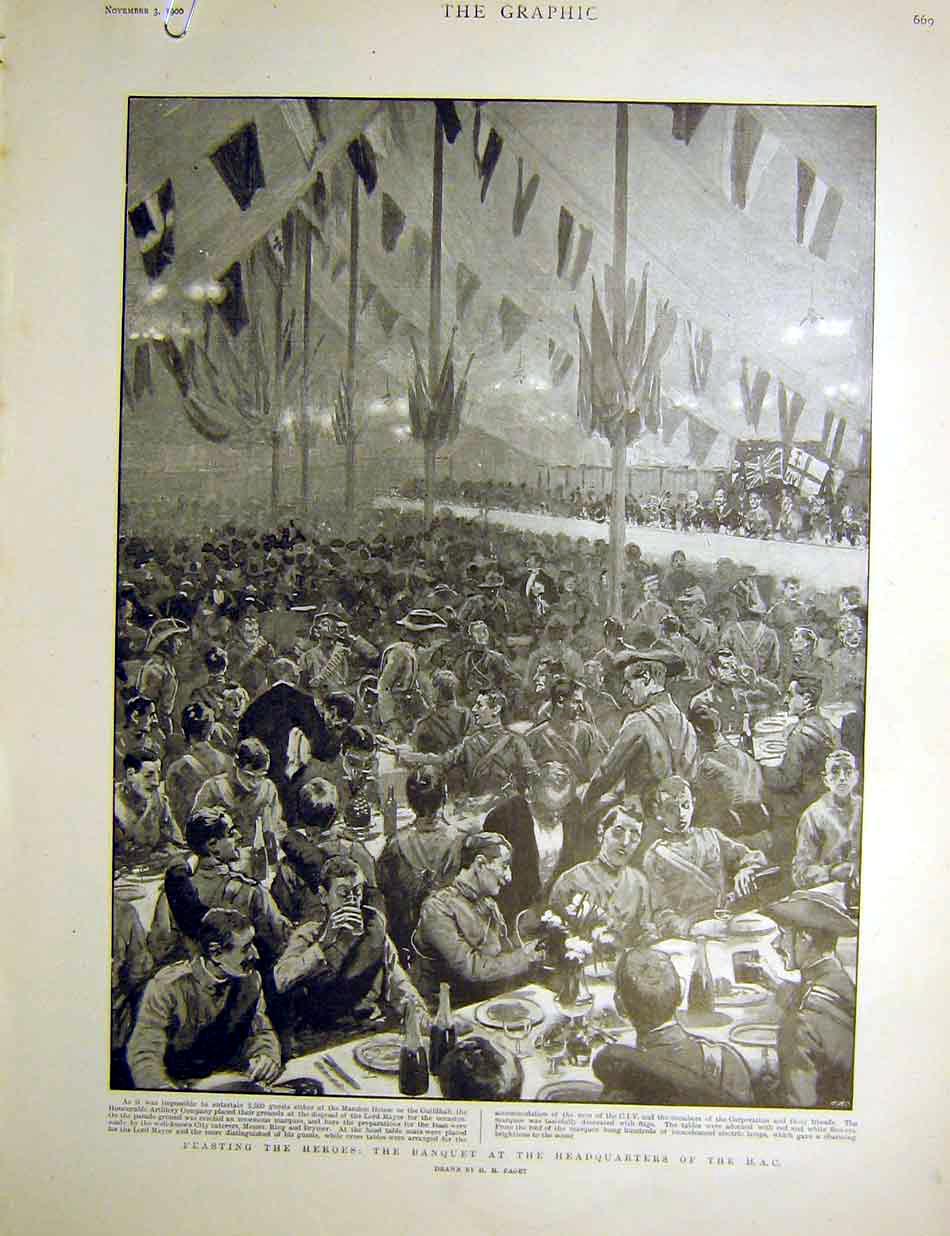 Old Antique Print Banquet Heroes Volunteers Paddington Gun Battery 1900 20th