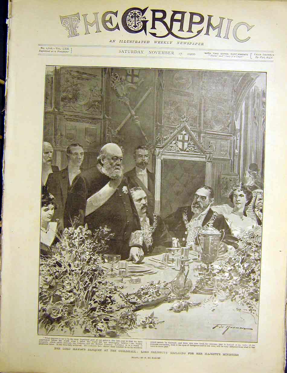 Original Old Antique Print Mayor Banquet Guildhall Salisbury London 1900 20th