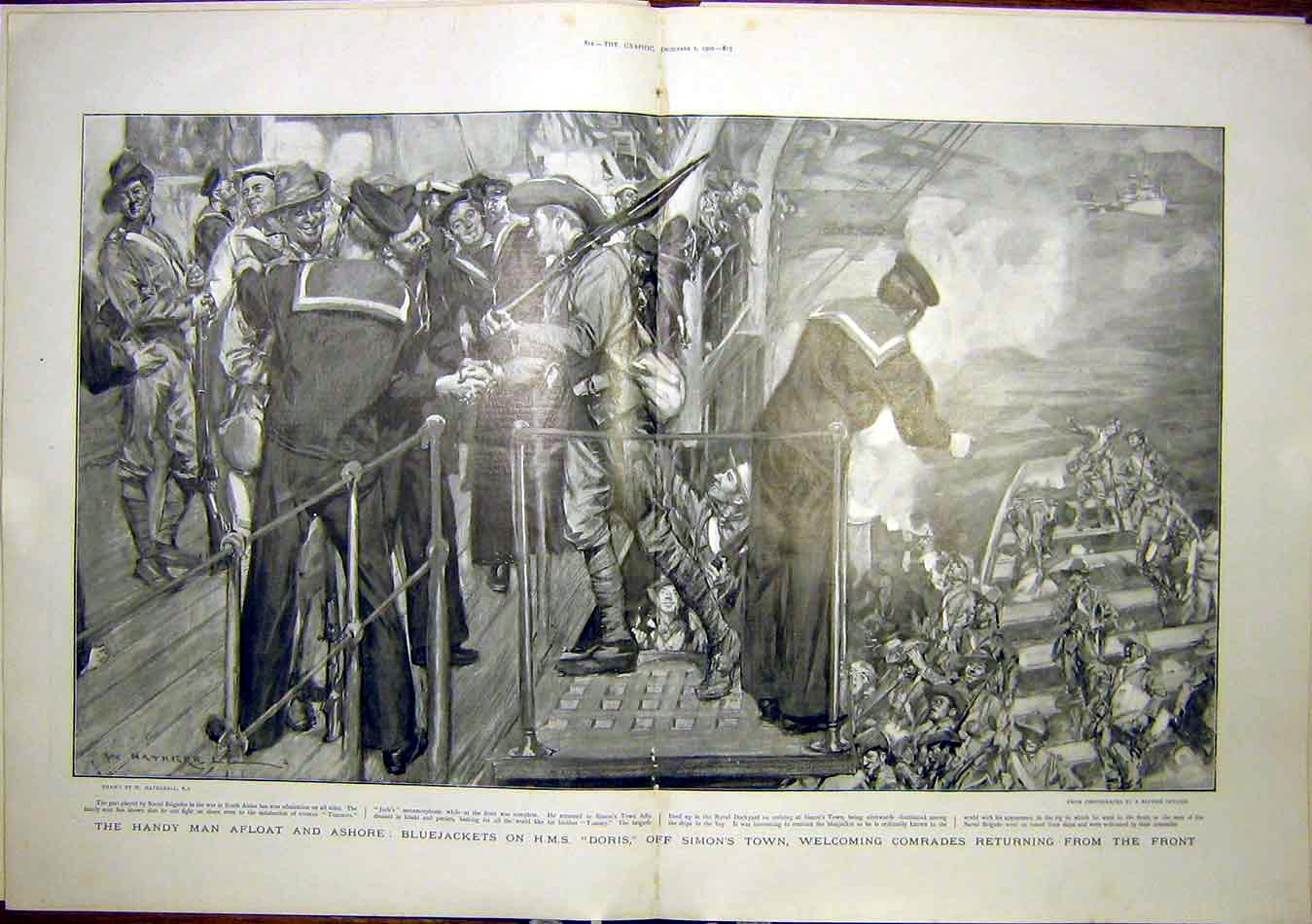 Original Old Antique Print Hms Doris Sailor Ship Simons Town Sier War 1900 20th