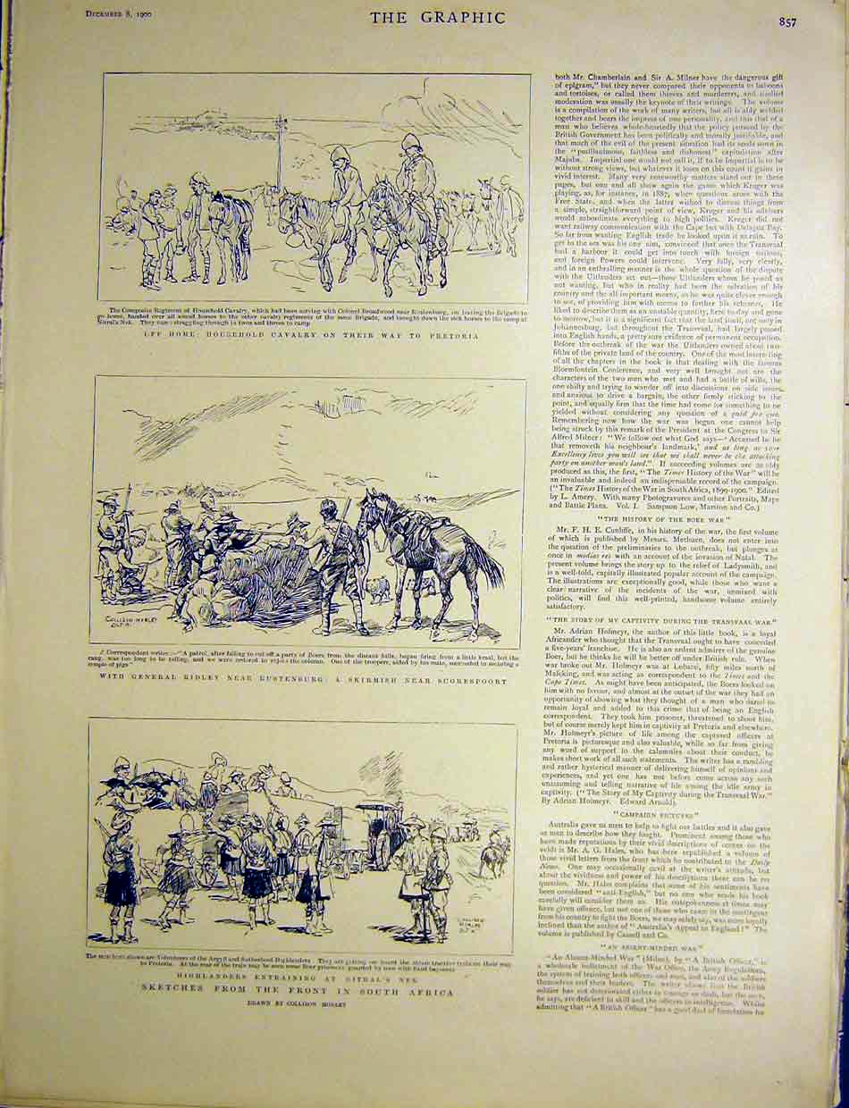 Original Old Antique Print Sketches South Africa Ridley Highlanders Cavalry 1900