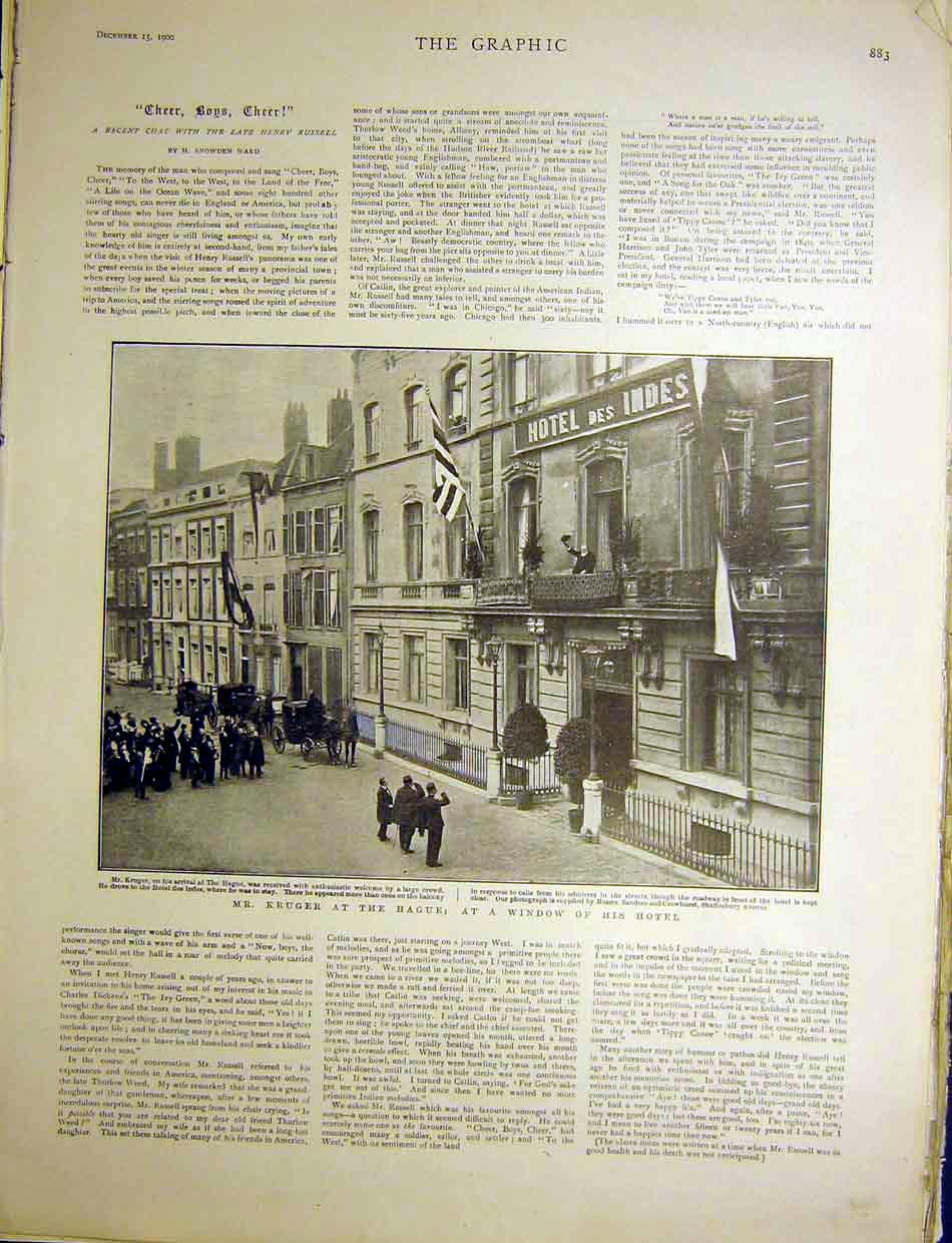 Original Old Antique Print Kruger Hague Hotel Des Indes 1900 Africa Boer 20th