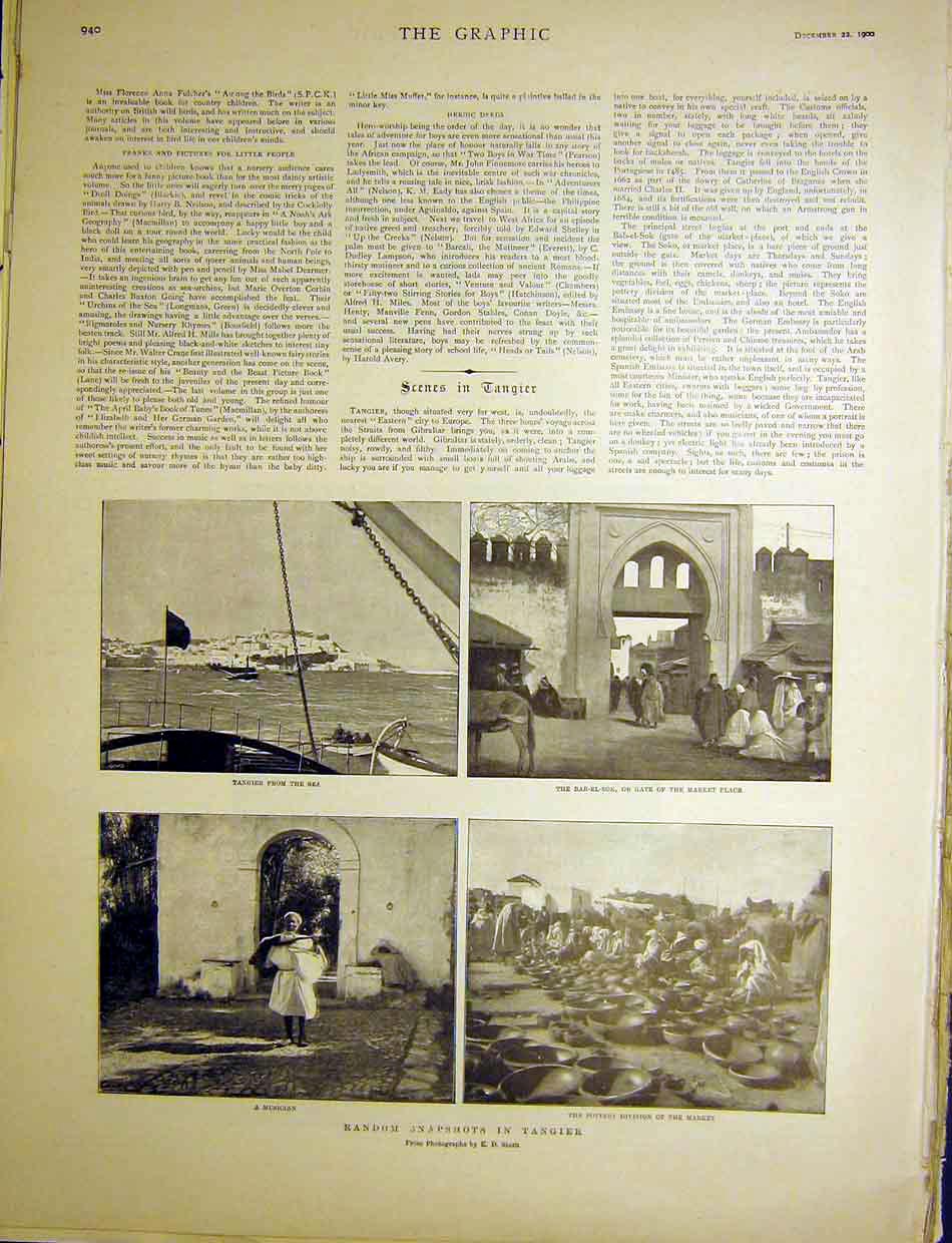 Old Antique Print Tangier Stern Photographs Market Musician Pottery 1900 20th