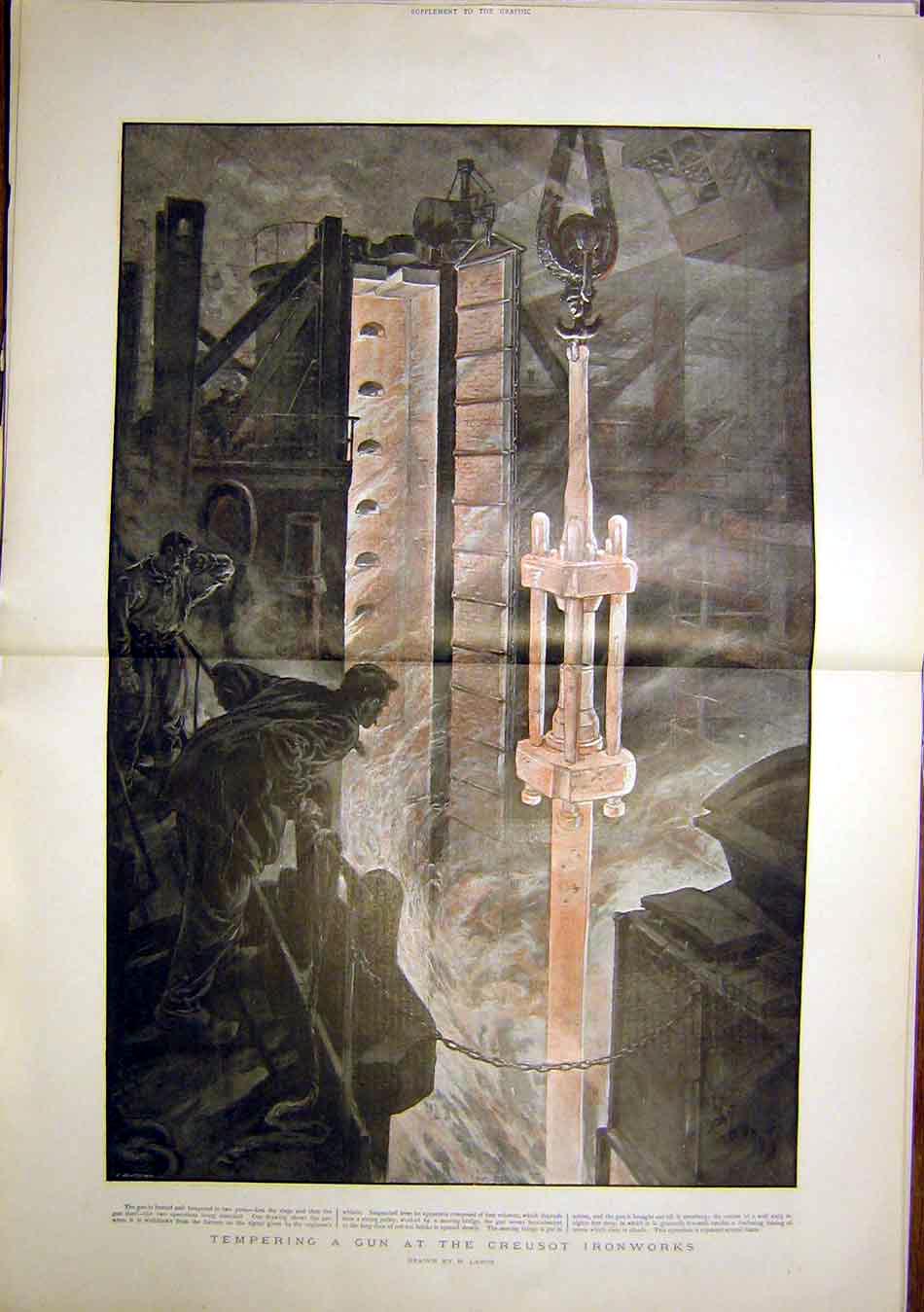 Original Old Antique Print Creusot Steel Works Gun Lanos Forge 1900 Victorian