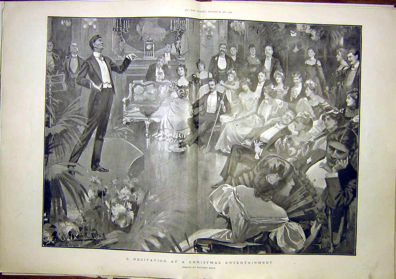 Original Old Antique Print Christmas Recitation Party Lady Gent Read 1900 20th