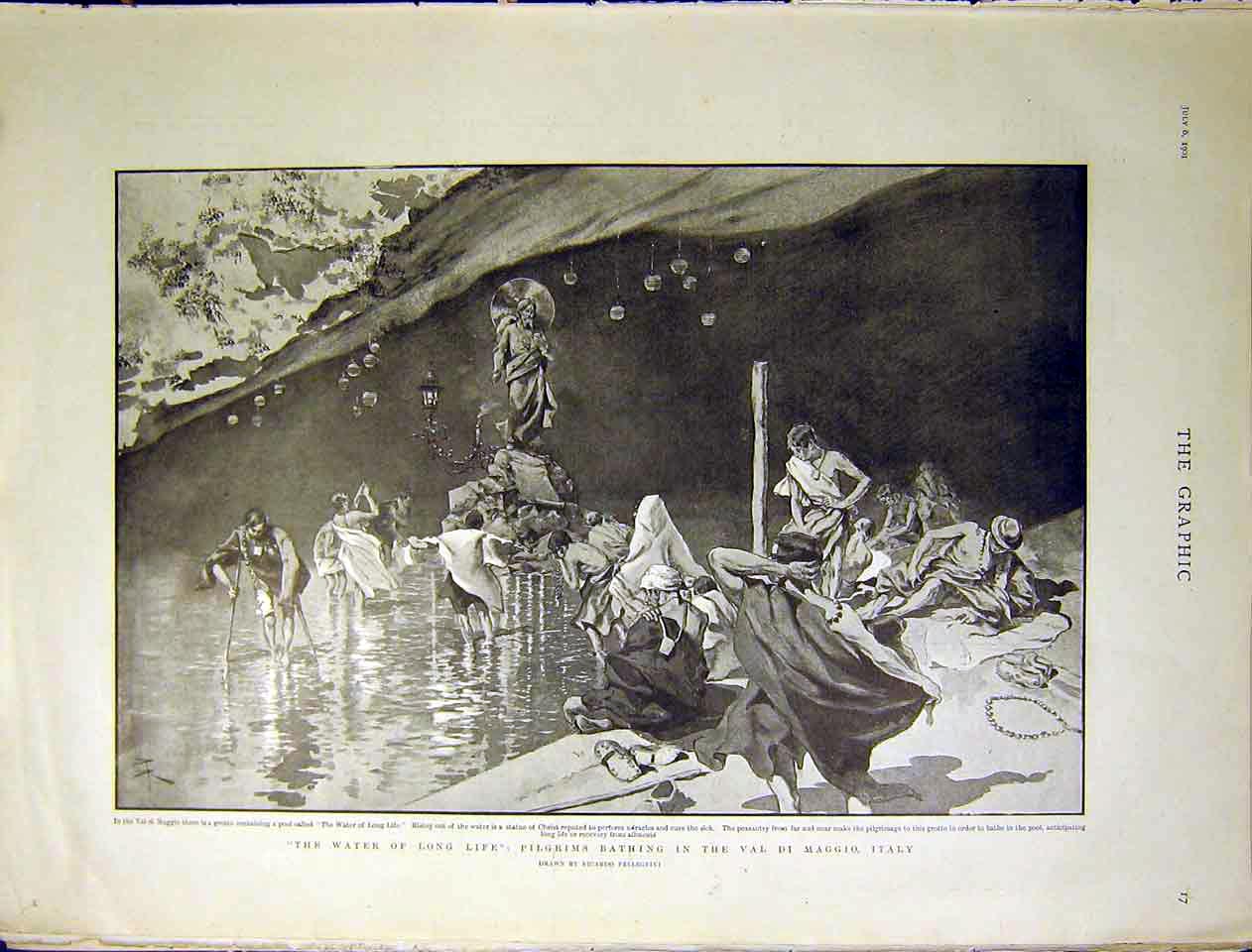 Original Old Antique Print Pilgrims Bathing Maggio Italy Water Life 1901 20th