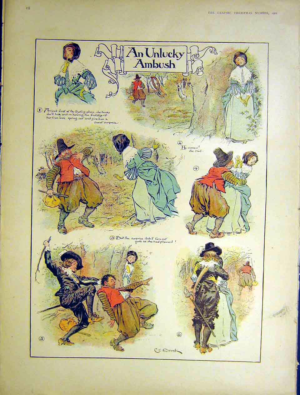 Original Old Antique Print An Unlucky Ambush Sketches Cartoon Brock 1901 20th