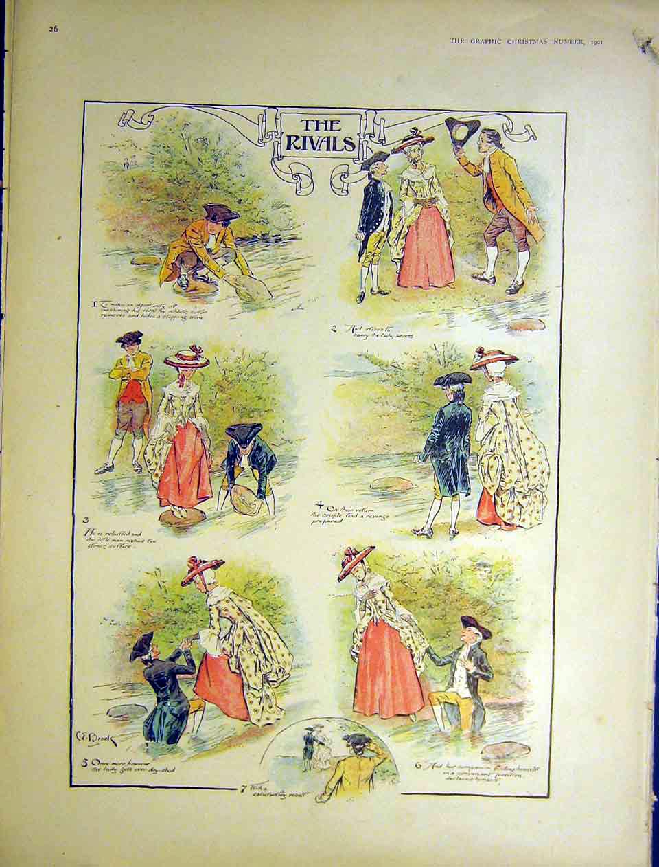 Original Old Antique Print Sketches Rivals Men Lady River Brock 1901 Victorian