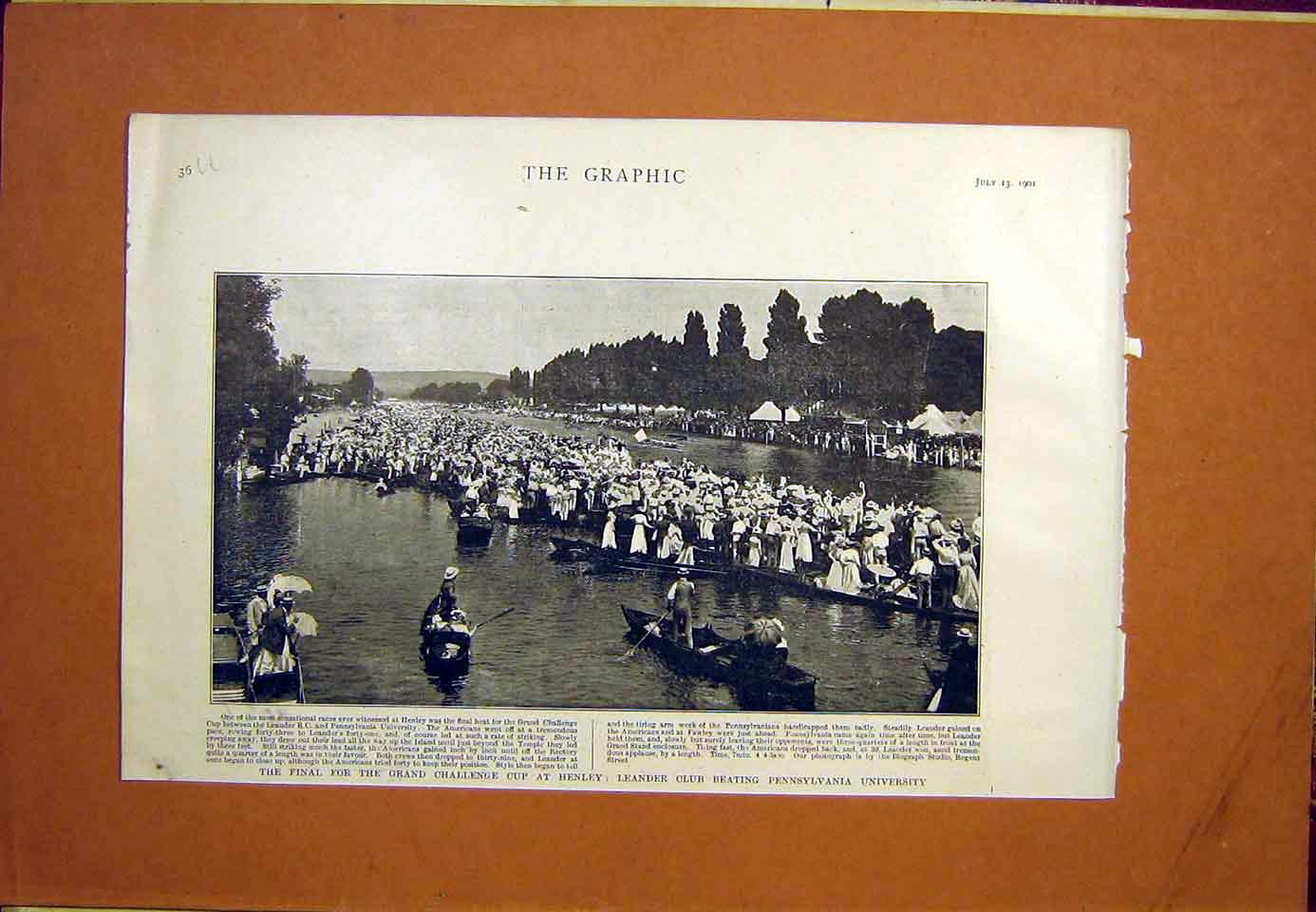 Old Antique Print Henley Challenge Cup Race Boat Pennsylvania University