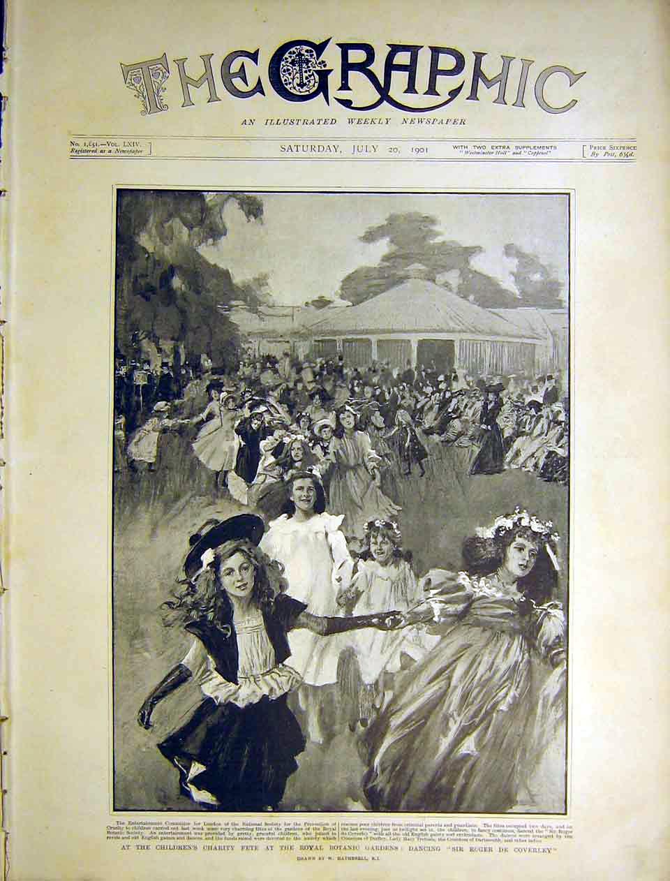 Original Old Antique Print Royal Botanic Garden Children Fete 1901 Victorian