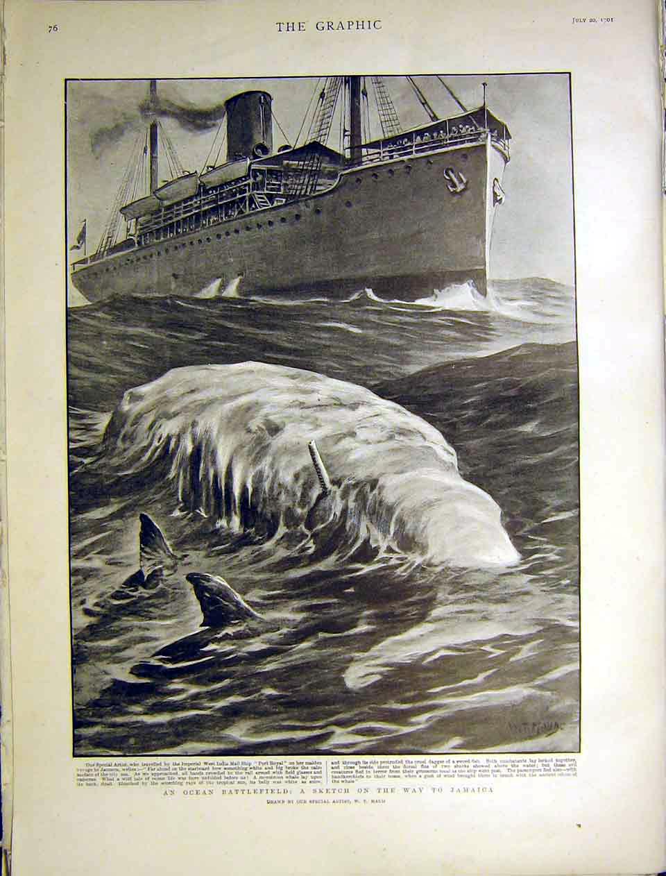 Original Old Antique Print Ocean Battlefield Sketch Jamaica Maud Ship 1901 20th