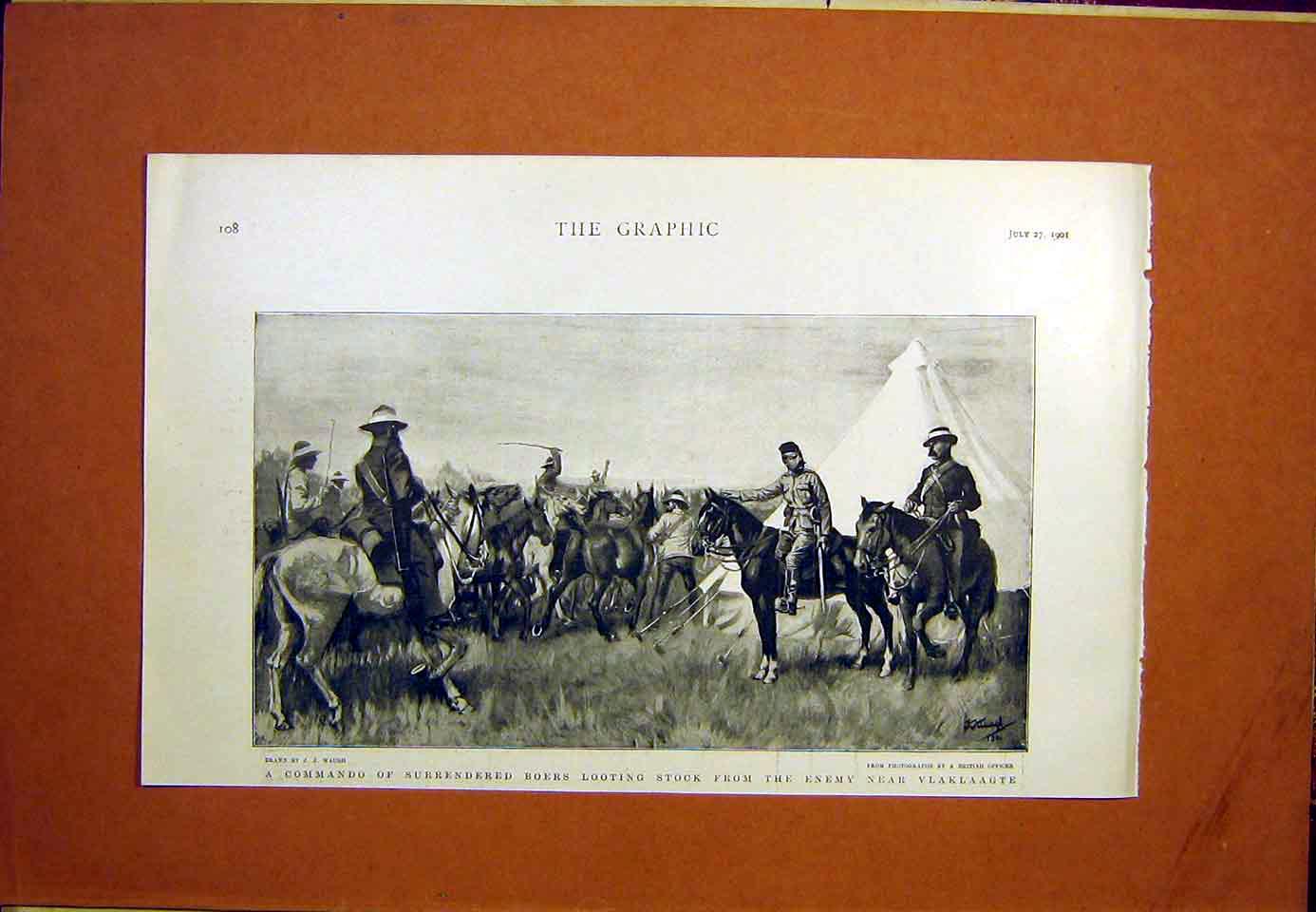 Original Old Antique Print Boer War Sier Vlaklaagte Commando 1901 Victorian
