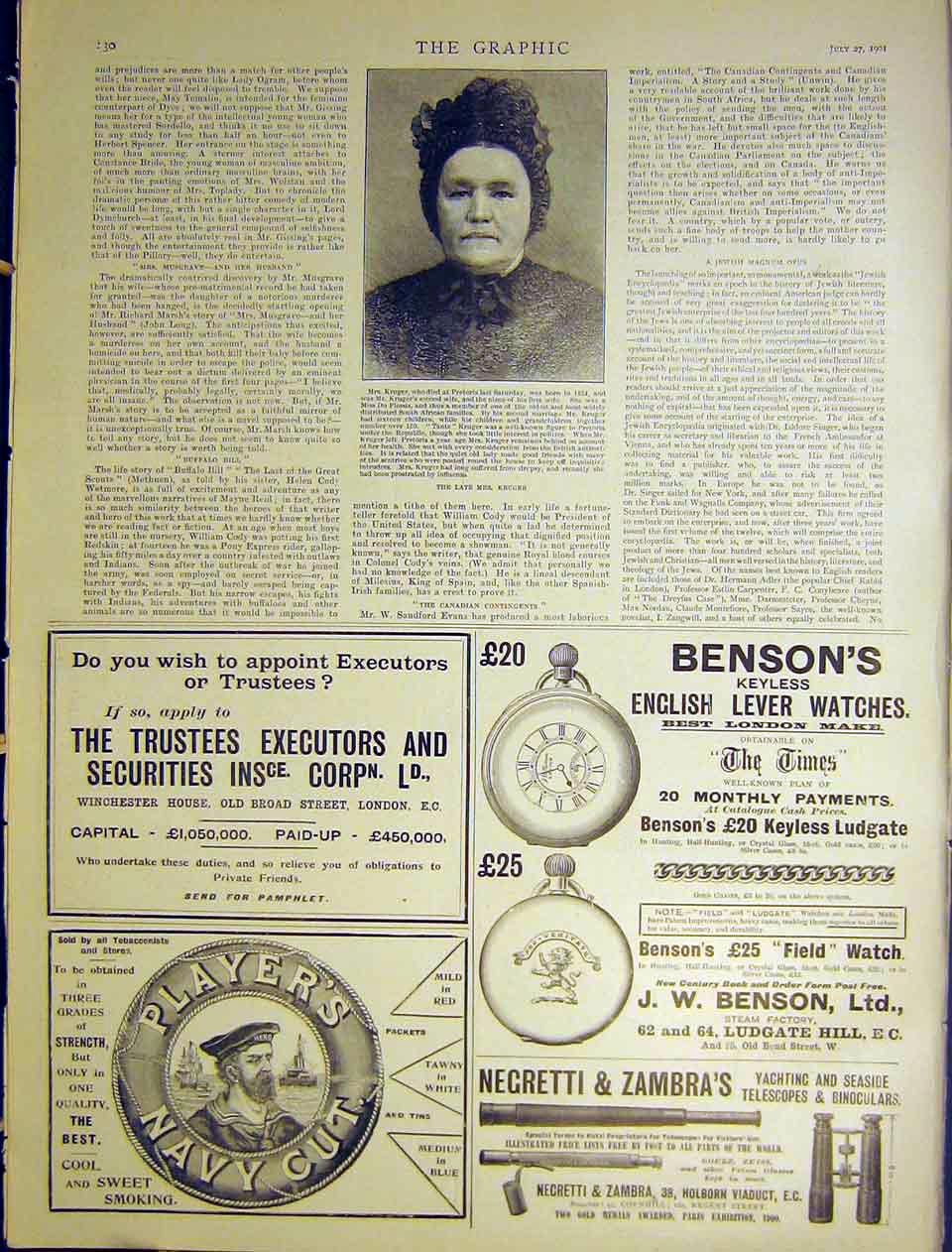 Original Old Antique Print Advert Bensons Players Negretti Mrs Kruger 1901 20th