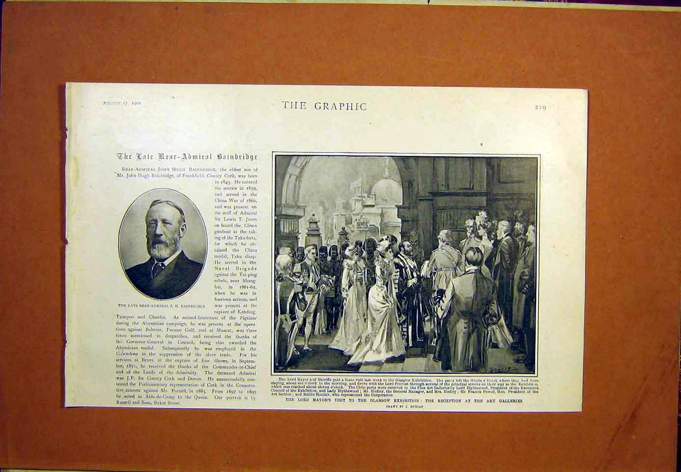Original Old Antique Print Glasgow Exhibition Bainbridge Art Gallery 1901 20th
